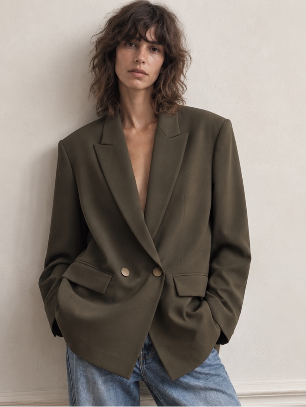 Zara Oversized Blazer Olive Green Double Breasted XS